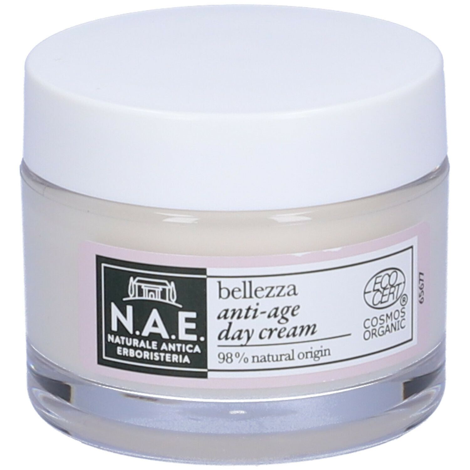 Vasetto di vetro con coperchio bianco. N.A.E. Bellezza Crema giorno anti-età. Etichetta bianca con logo e informazioni.