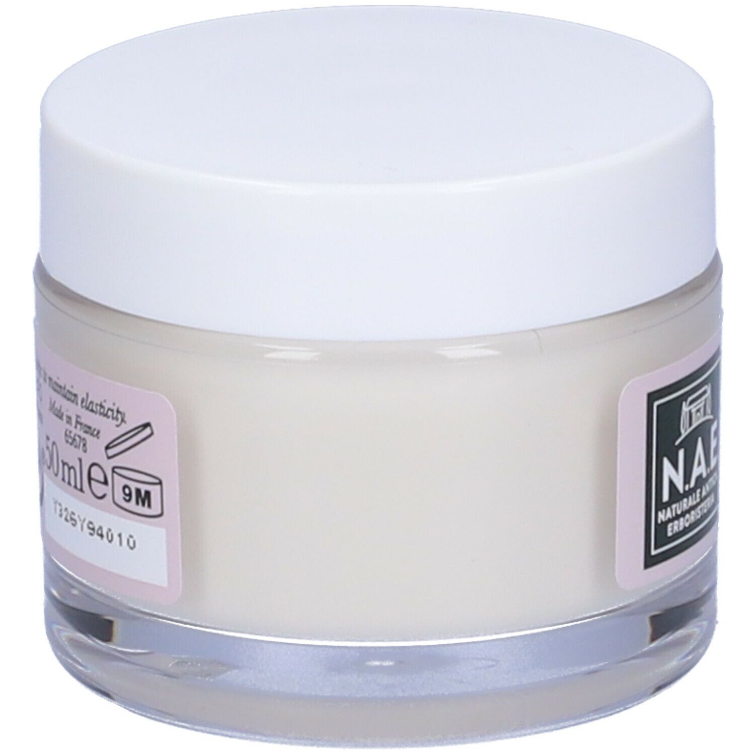 Vasetto di vetro con coperchio bianco. N.A.E. Bellezza Crema giorno anti-età. Etichetta bianca con logo e informazioni.