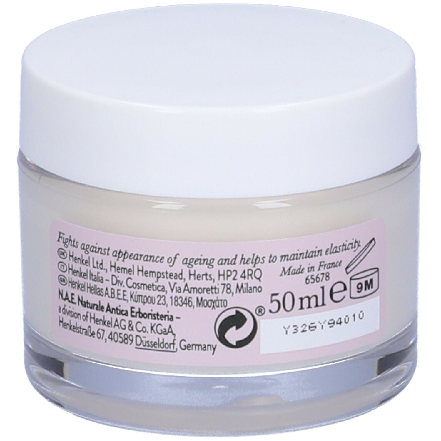 Vasetto di vetro con coperchio bianco. N.A.E. Bellezza Crema giorno anti-età. Etichetta bianca con logo e informazioni.