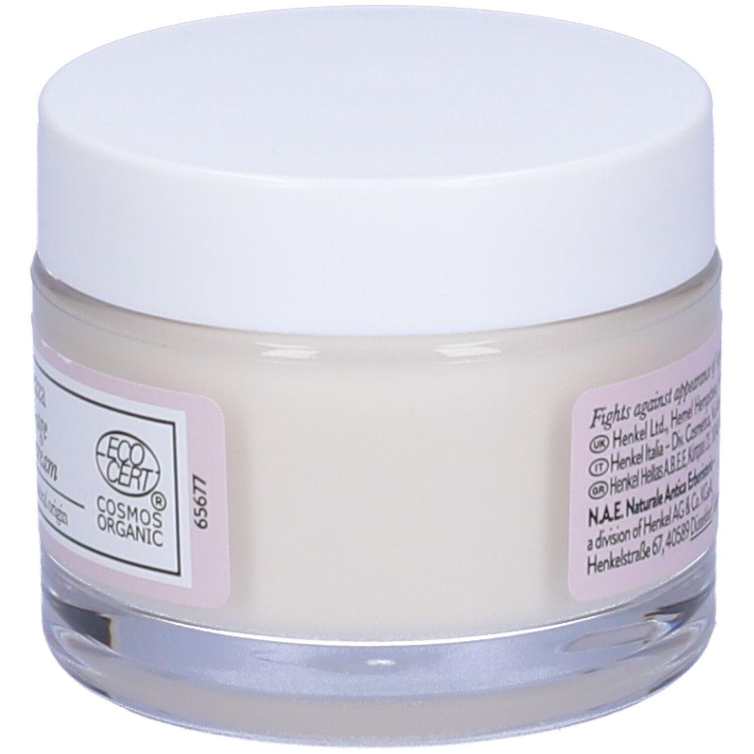 Vasetto di vetro con coperchio bianco. N.A.E. Bellezza Crema giorno anti-età. Etichetta bianca con logo e informazioni.
