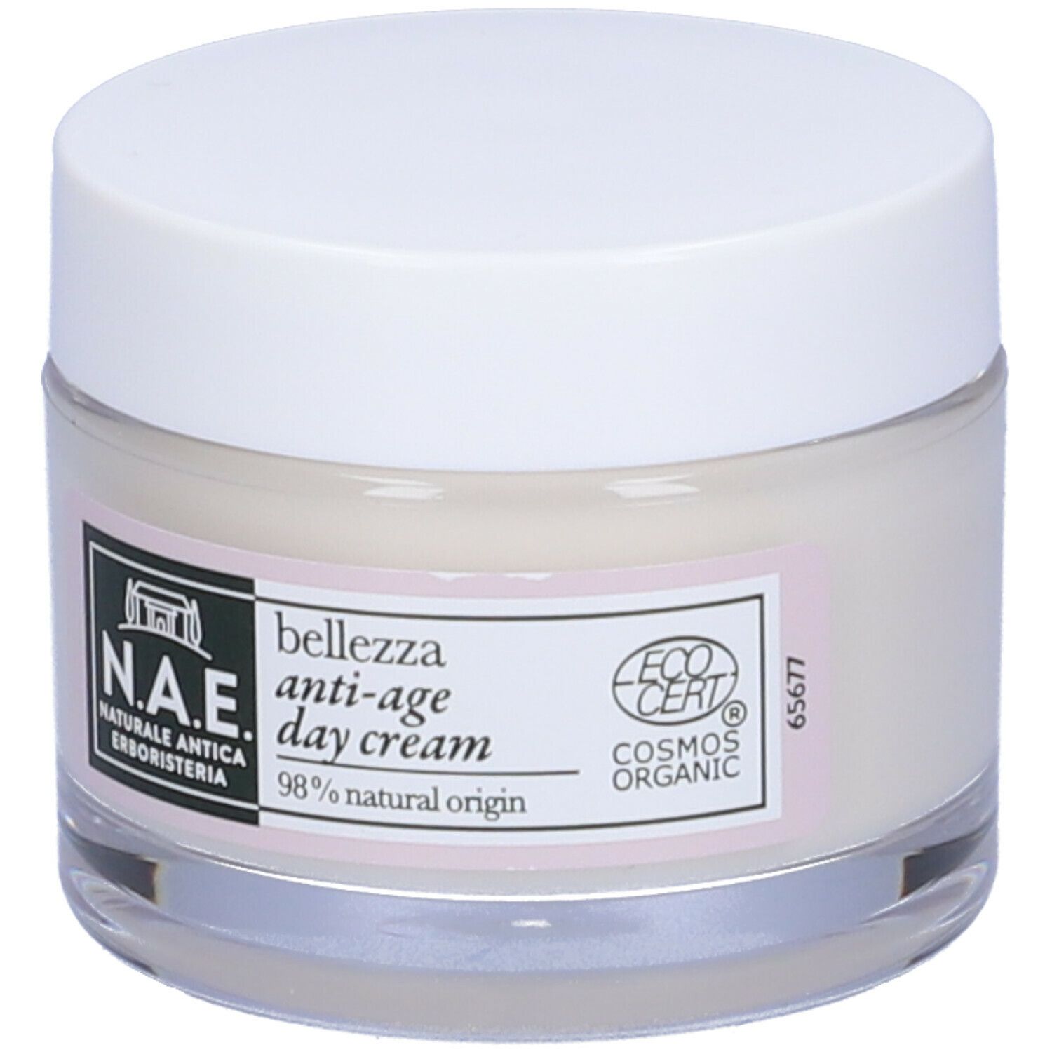 Vasetto di vetro con coperchio bianco. N.A.E. Bellezza Crema giorno anti-età. Etichetta bianca con logo e informazioni.
