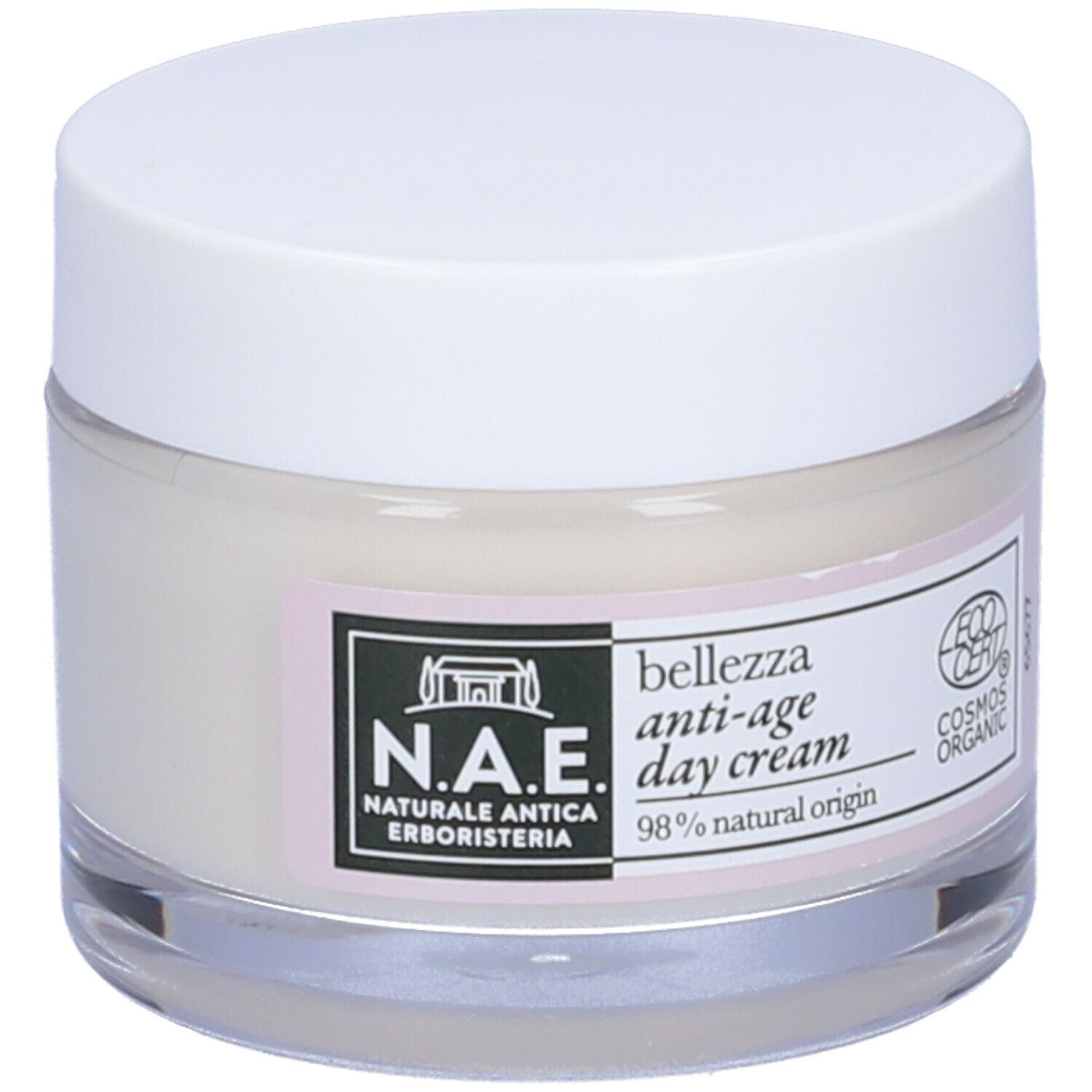 Vasetto di vetro con coperchio bianco. N.A.E. Bellezza Crema giorno anti-età. Etichetta bianca con logo e informazioni.