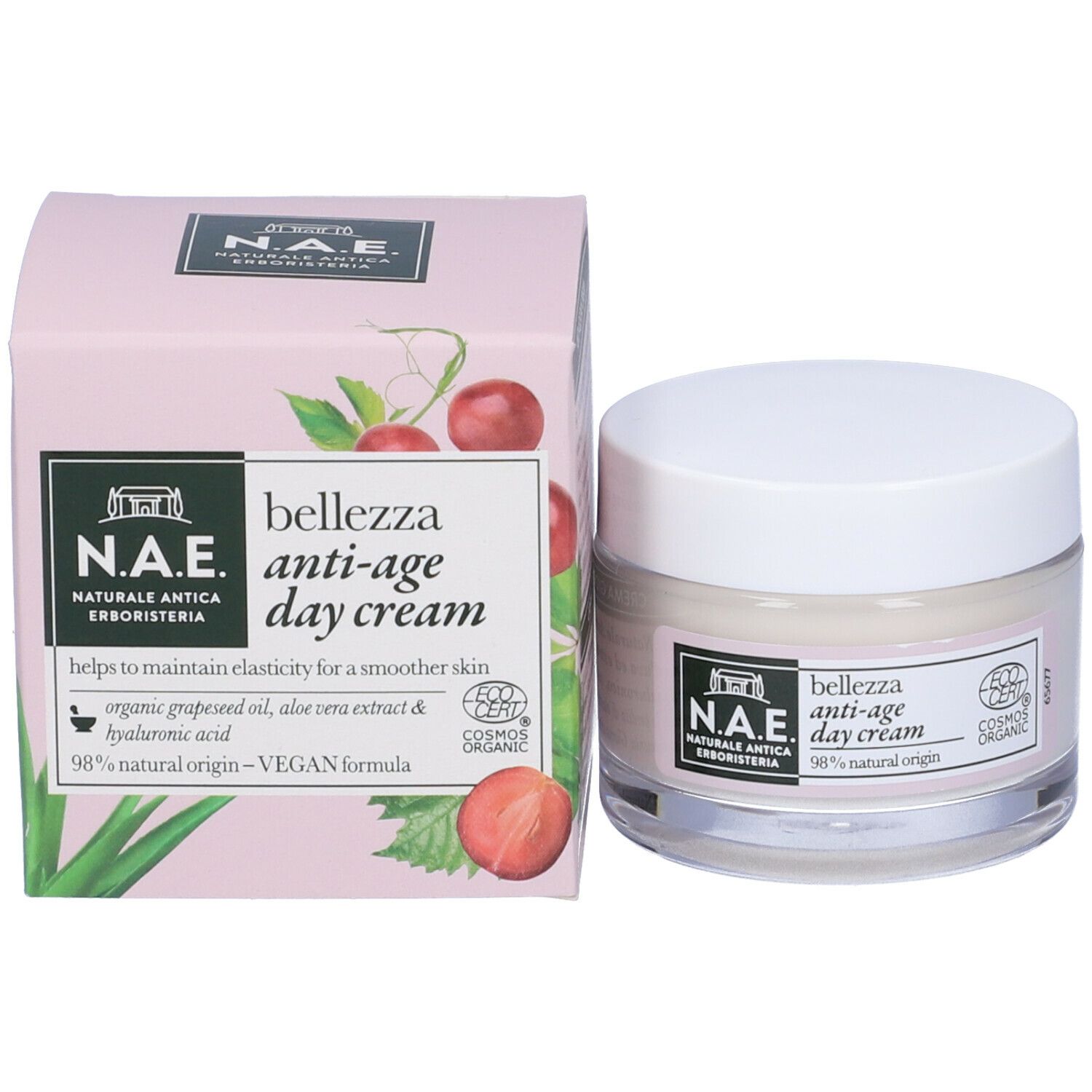 Prodotto e confezione. N.A.E. Bellezza Crema giorno anti-età. Confezione rosa con informazioni e logo.