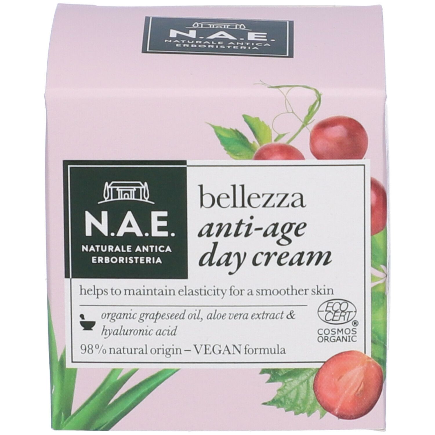 Confezione rosa con informazioni sul prodotto. N.A.E. Bellezza Crema giorno anti-età. Elementi logo verdi e bianchi, illustrazioni.