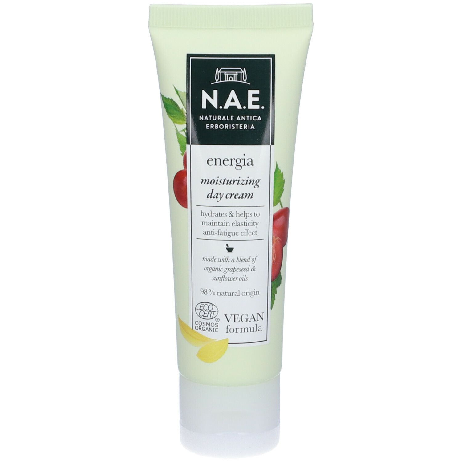 Tubo di crema. Tubo verdognolo con logo e nome del prodotto. Contiene illustrazioni di ciliegie e foglie. Vegano.