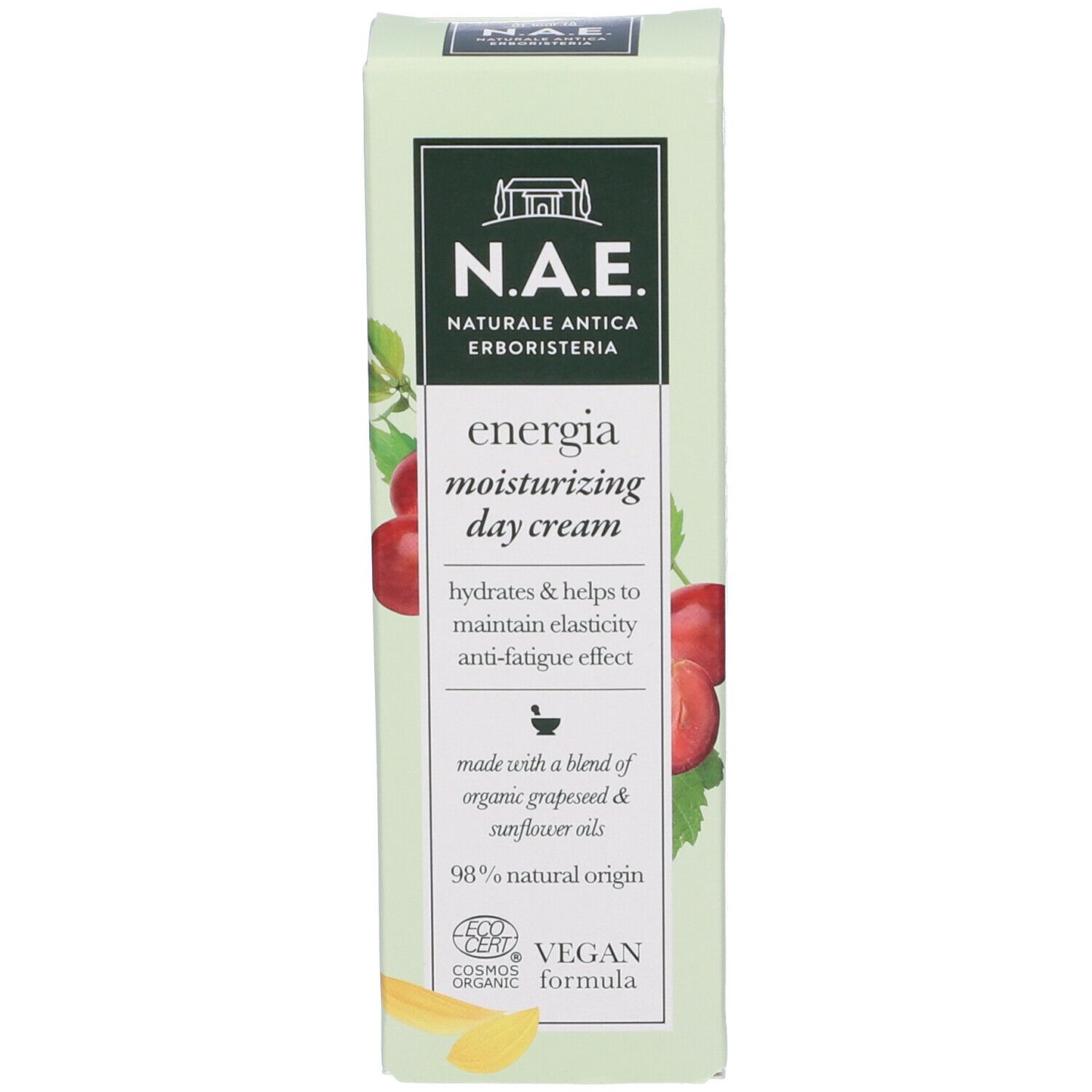 Confezione crema. Scatola bianca e verde con logo e nome del prodotto. Contiene illustrazioni di ciliegie e foglie.