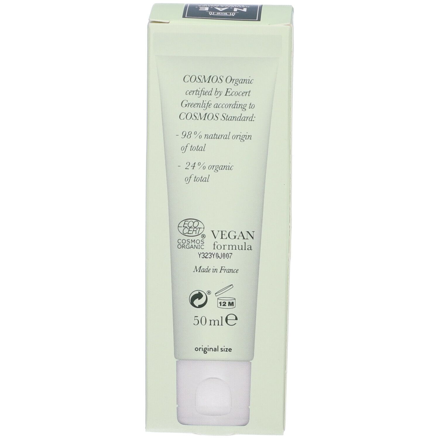 Retro del tubo di crema. Contiene testo, logo e certificazioni. 50 ml. Vegano.