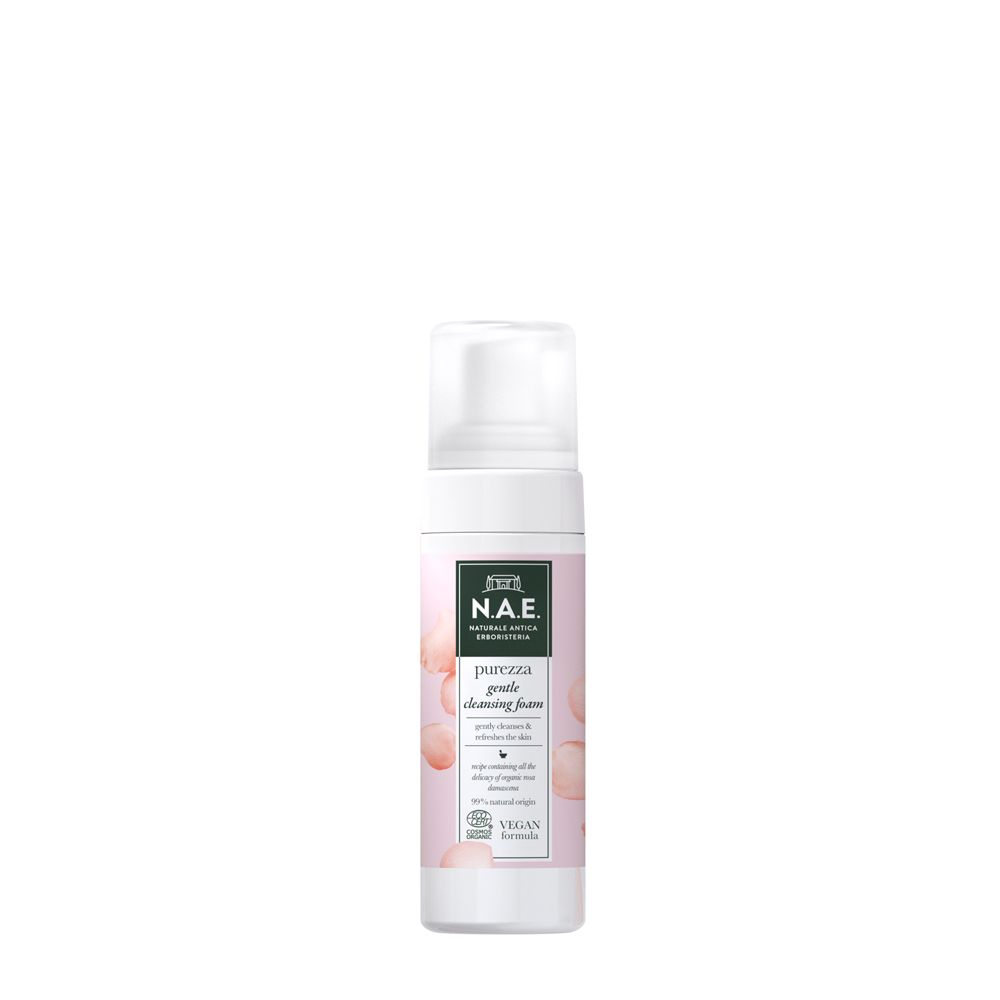 Dispenser bianco con etichetta rosa. Scritta: N.A.E. Purezza gentle cleansing foam. Certificazione Vegan.
