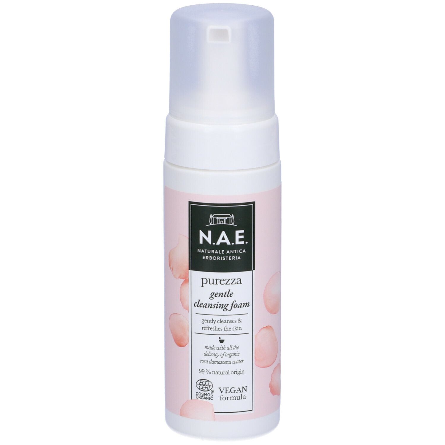 Dispenser bianco con etichetta rosa. Scritta: N.A.E. Purezza gentle cleansing foam. Certificazione Vegan.