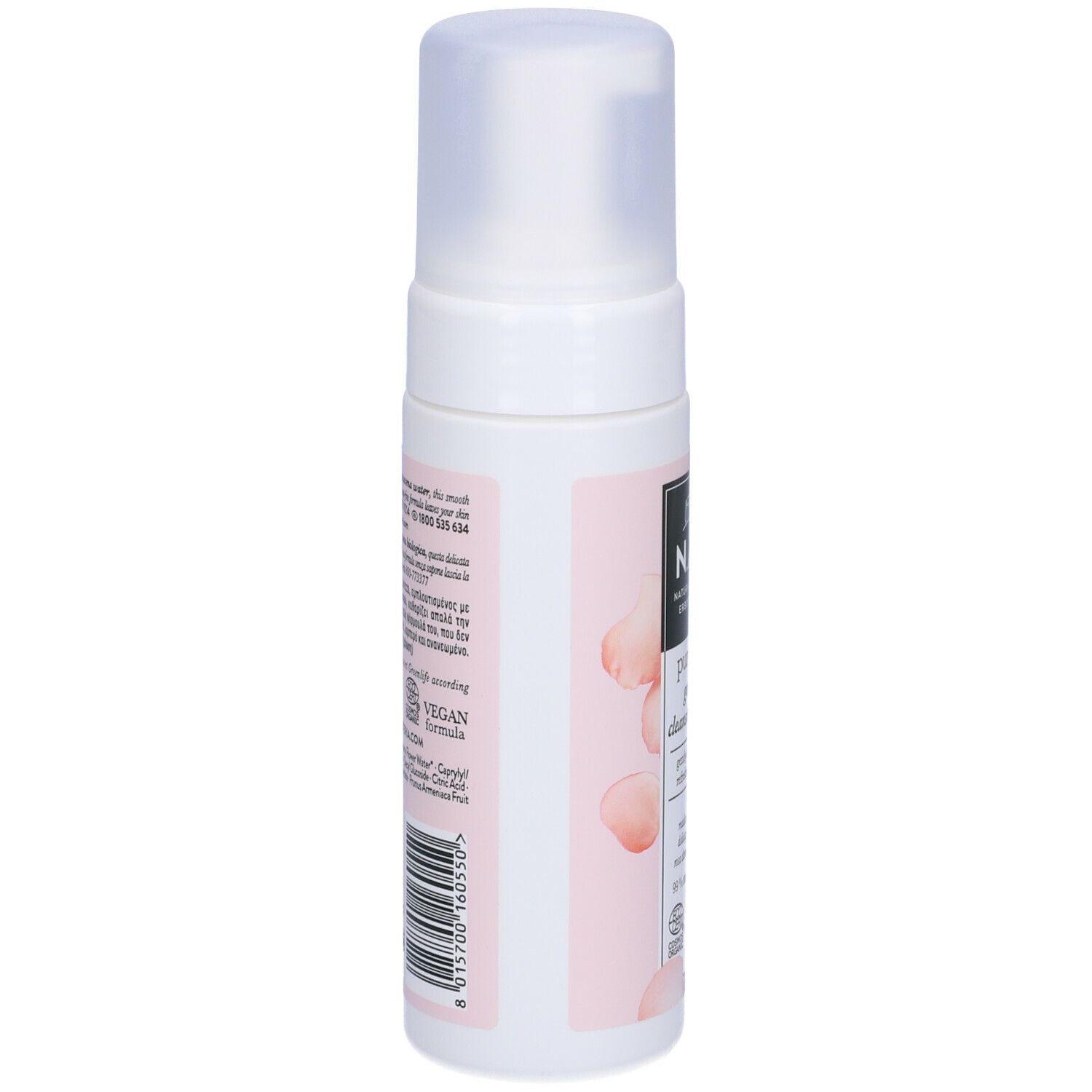 Dispenser bianco con etichetta rosa. Scritta: N.A.E. Purezza gentle cleansing foam. Certificazione Vegan.