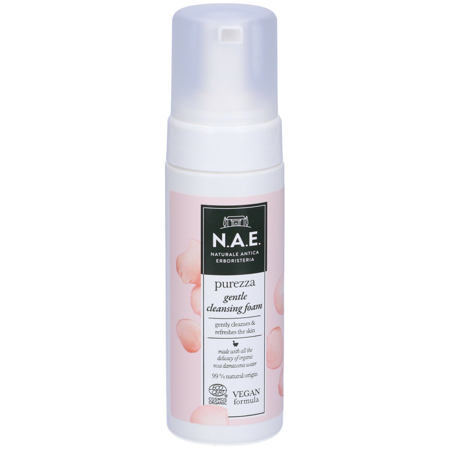Dispenser bianco con etichetta rosa. Scritta: N.A.E. Purezza gentle cleansing foam. Certificazione Vegan.
