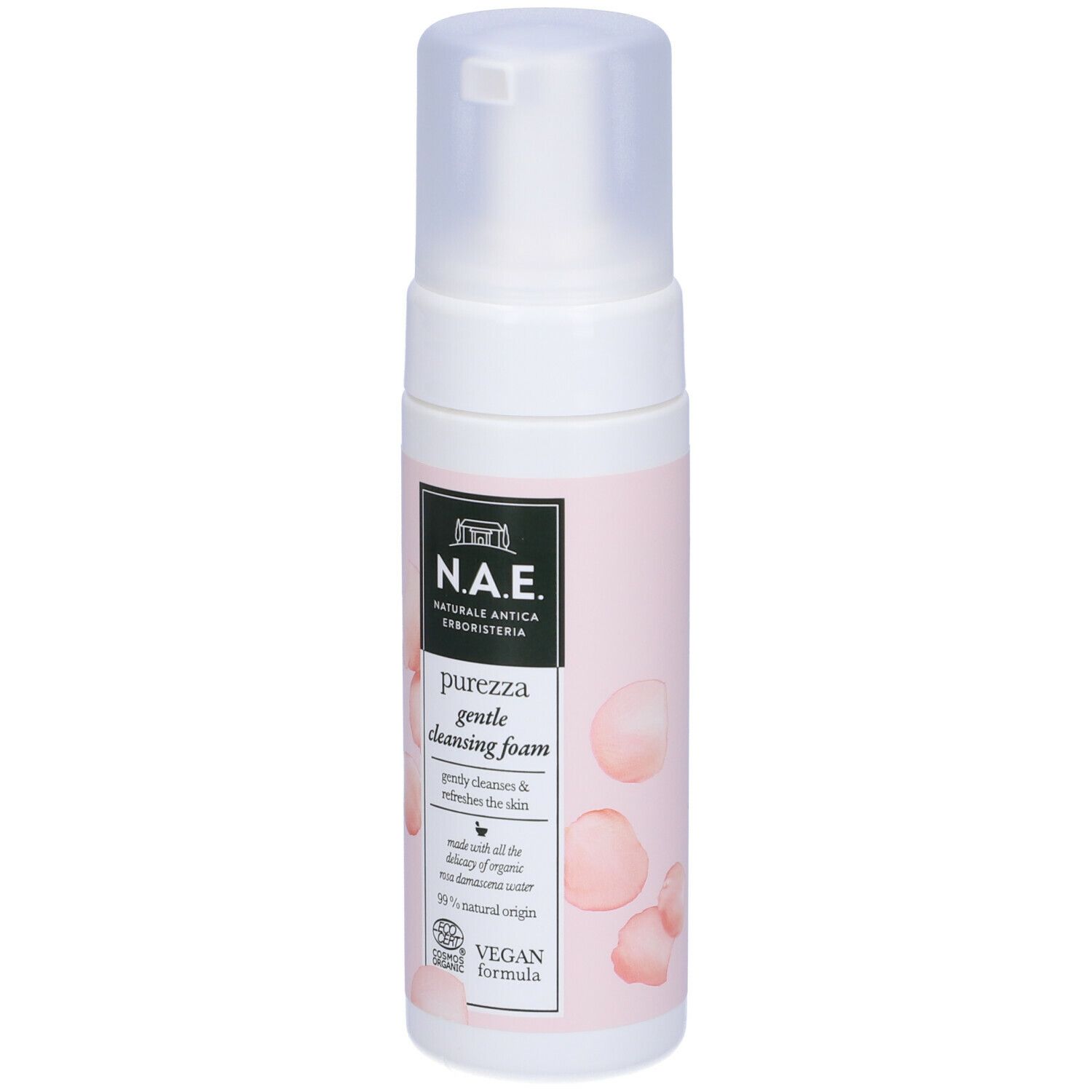 Dispenser bianco con etichetta rosa. Scritta: N.A.E. Purezza gentle cleansing foam. Certificazione Vegan.
