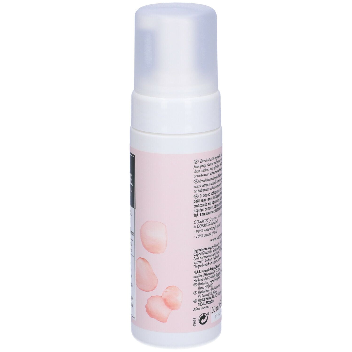 Dispenser bianco con etichetta rosa. Scritta: N.A.E. Purezza gentle cleansing foam. Certificazione Vegan.