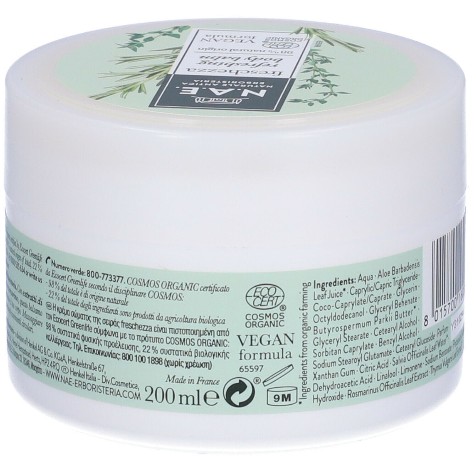 Parte superiore di un vasetto bianco con etichetta verde. Scritta: N.A.E., Freschezza, Refreshing Body Balm. Sigillo vegano.