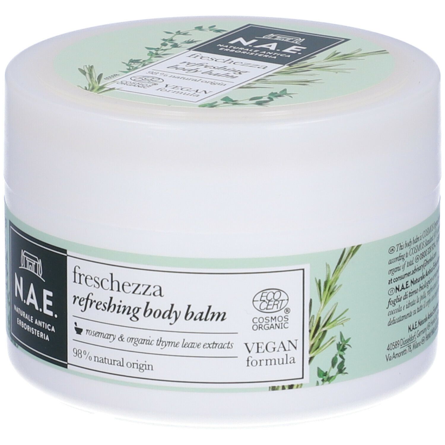 Vasetto bianco con etichetta verde. Scritta: N.A.E., Freschezza, Refreshing Body Balm. Sigillo vegano. 98% origine naturale.