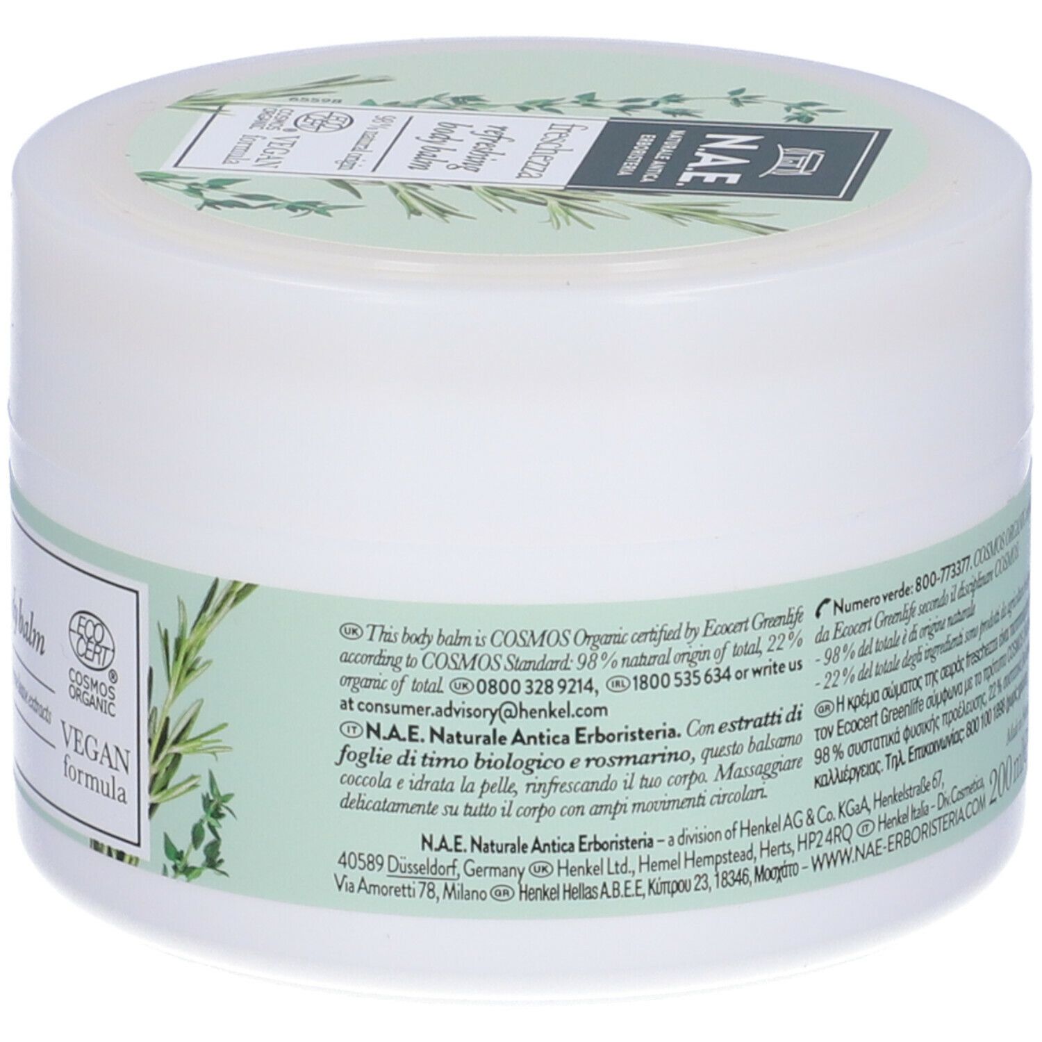 Retro di un vasetto bianco con etichetta verde. Scritta: N.A.E., Freschezza, Refreshing Body Balm. Sigillo vegano.