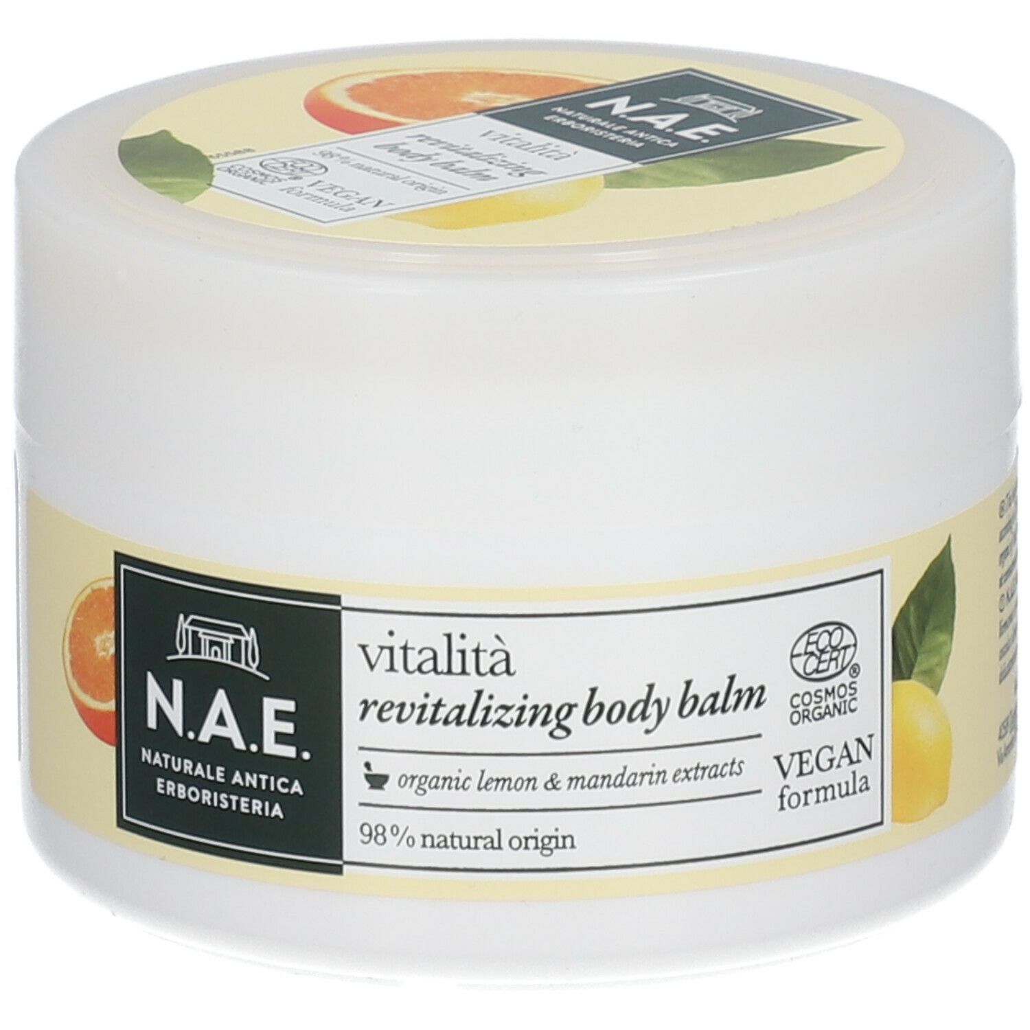 Vasetto bianco con etichetta giallo-arancio. Scritta: N.A.E. vitalità revitalizing body balm. Formula vegana. Certificazione Cosmos Organic.