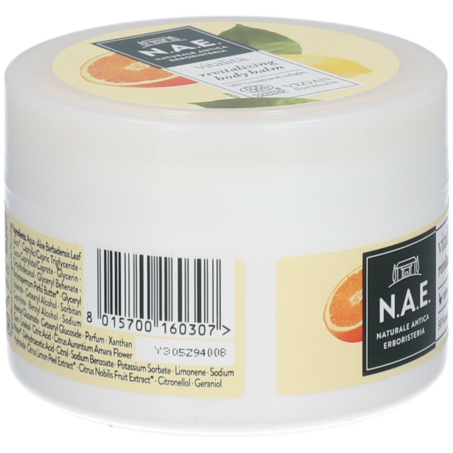 Vasetto bianco con etichetta giallo-arancio. Scritta: N.A.E. vitalità revitalizing body balm. Formula vegana. Codice a barre e ingredienti.