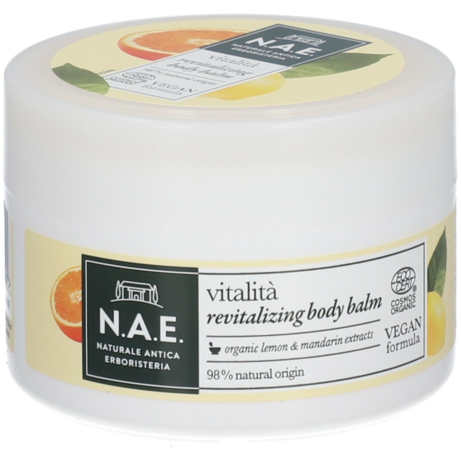Vasetto bianco con etichetta giallo-arancio. Scritta: N.A.E. vitalità revitalizing body balm. Formula vegana. Certificazione Cosmos Organic.