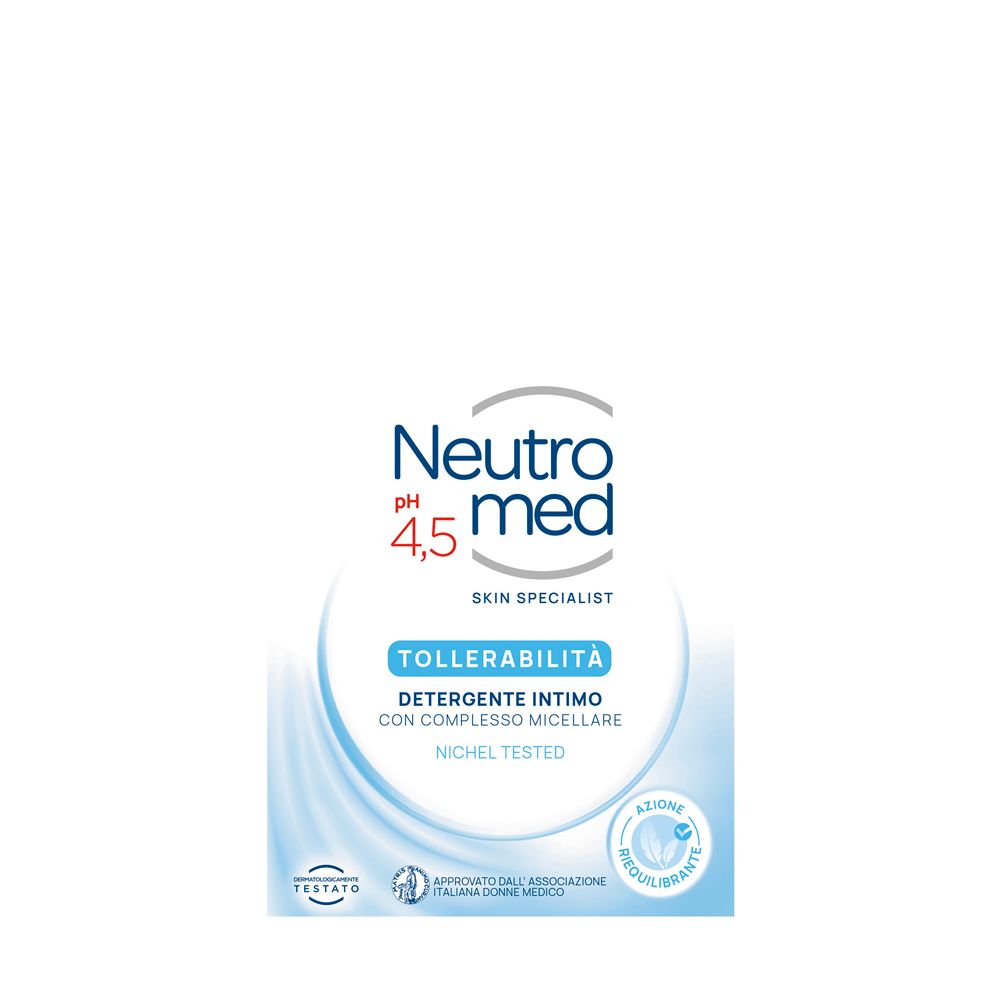 Confezione Neutromed, pH 4,5. Scritta: Detergente Intimo Tollerabilità. Onde blu.