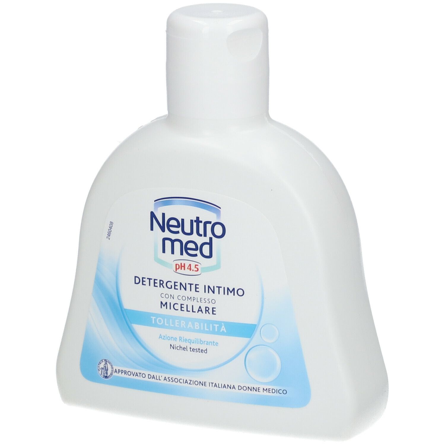 Flacone bianco Neutromed, pH 4,5. Scritta: Detergente Intimo Tollerabilità. Onde blu. Tappo bianco.