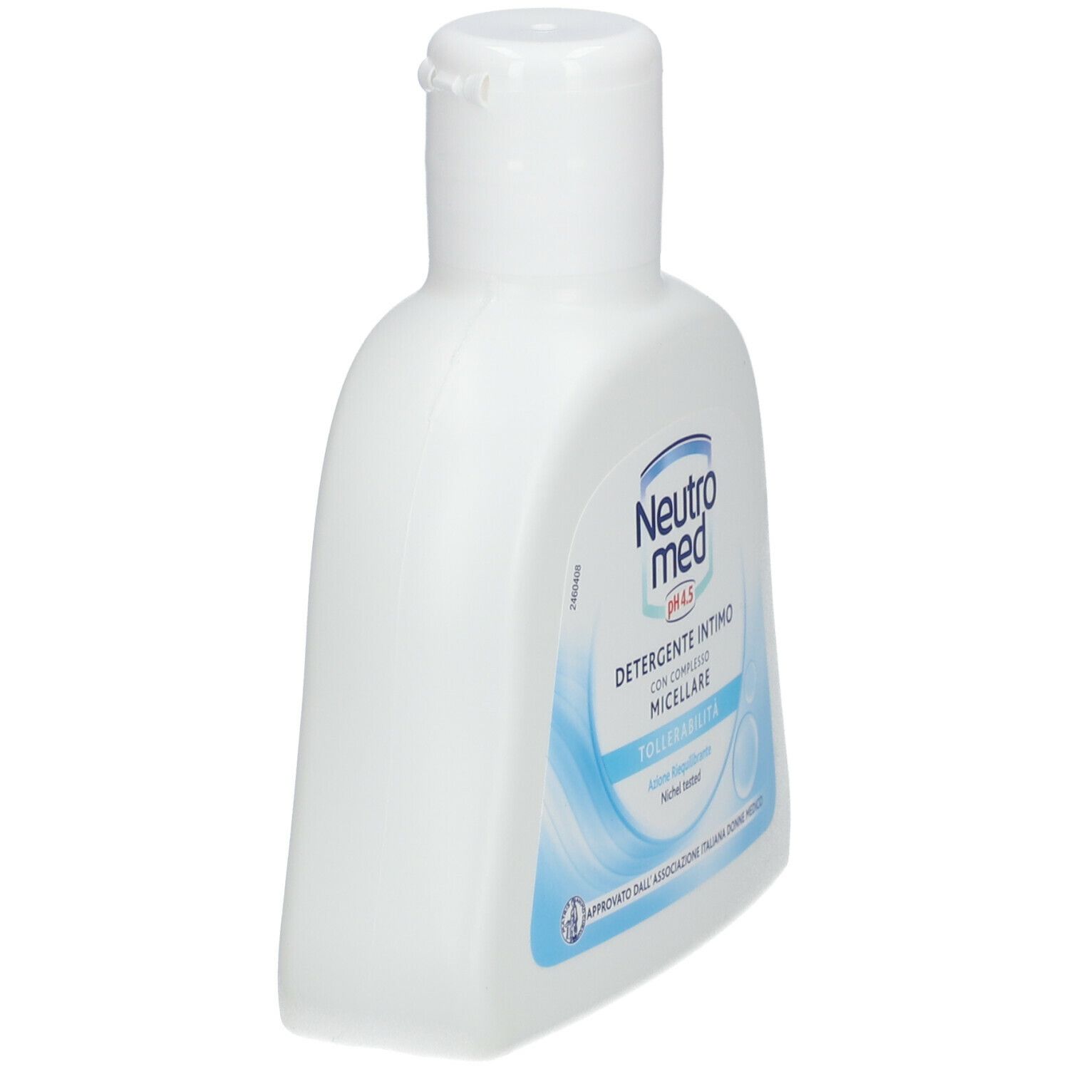 Flacone bianco Neutromed, pH 4,5. Scritta: Detergente Intimo Tollerabilità. Onde blu. Tappo bianco.
