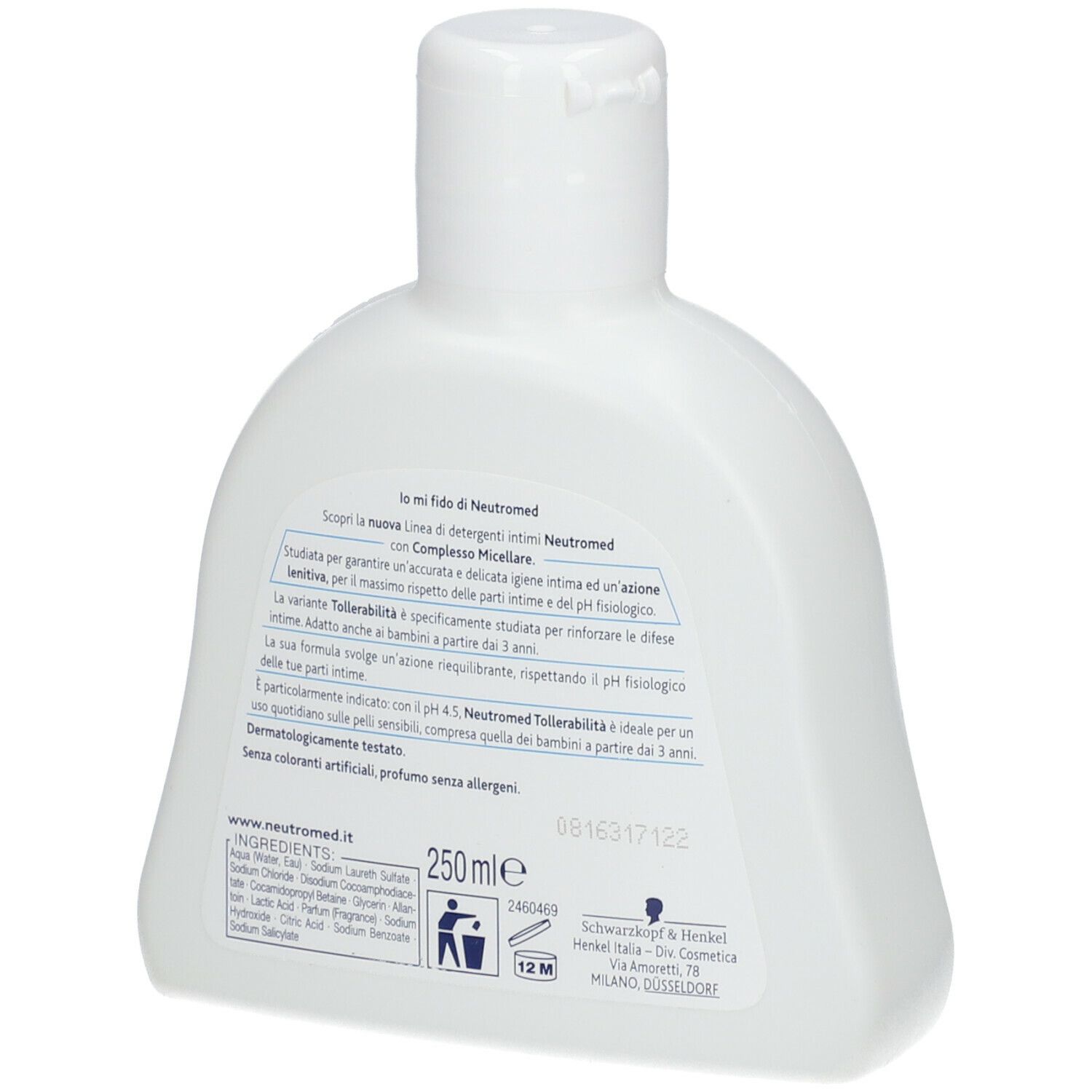 Retro del flacone bianco Neutromed. Testo e informazioni. Scritta nera su sfondo bianco. 250 ml.