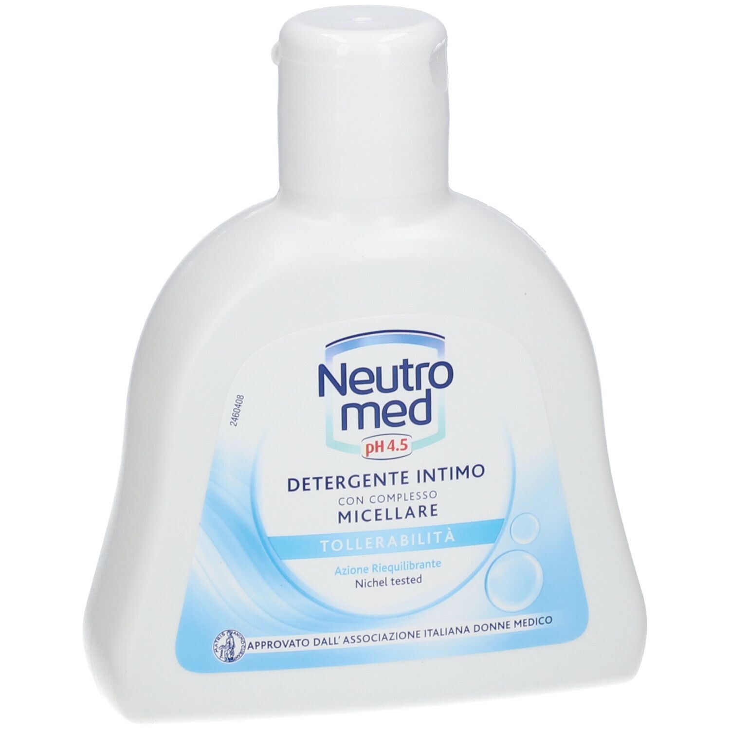 Flacone bianco Neutromed, pH 4,5. Scritta: Detergente Intimo Tollerabilità. Onde blu. Tappo bianco.