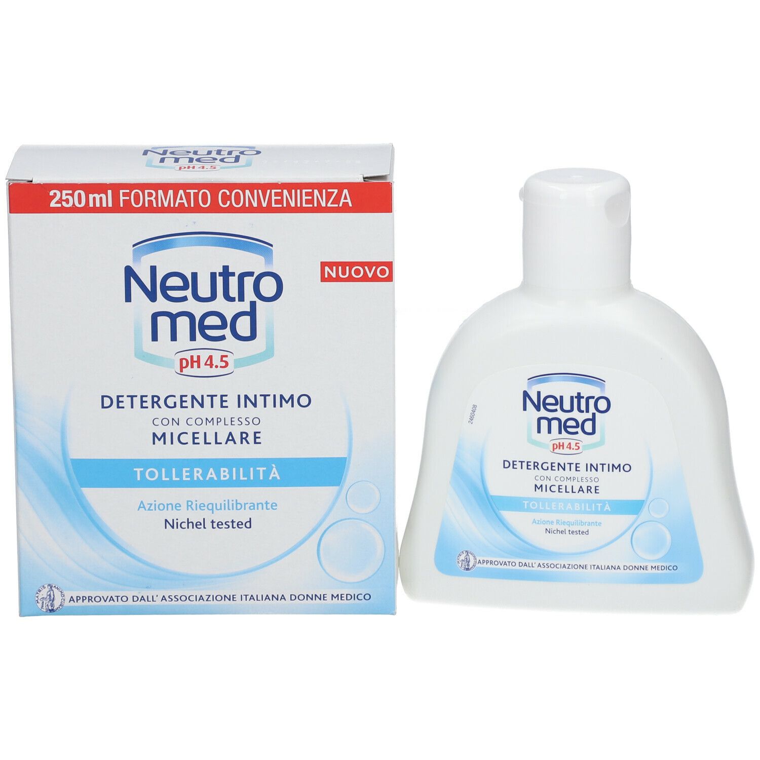 Flacone e confezione Neutromed. Scritta: Detergente Intimo Tollerabilità. Onde blu. Tappo bianco.