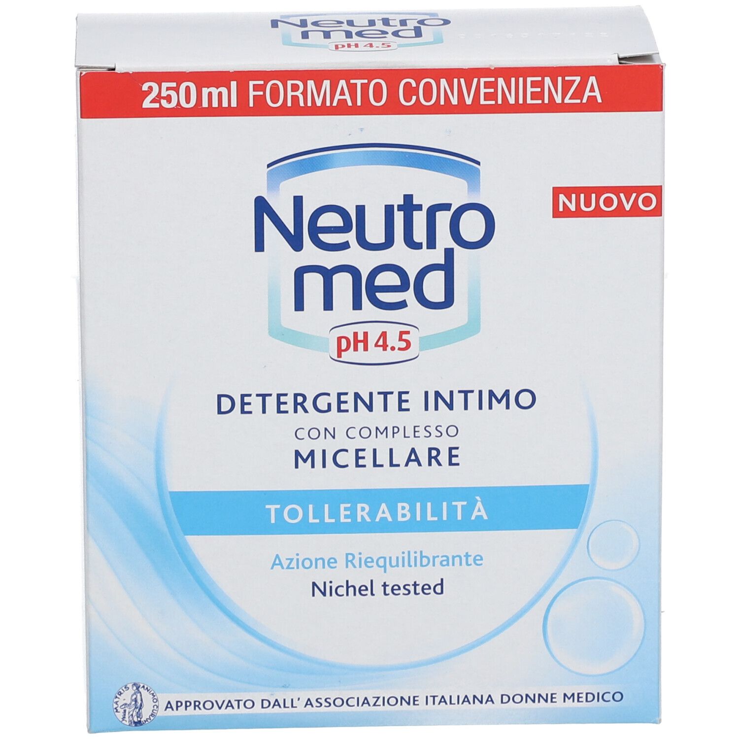 Confezione Neutromed, pH 4,5. Scritta: Detergente Intimo Tollerabilità. Onde blu. Sfondo bianco.
