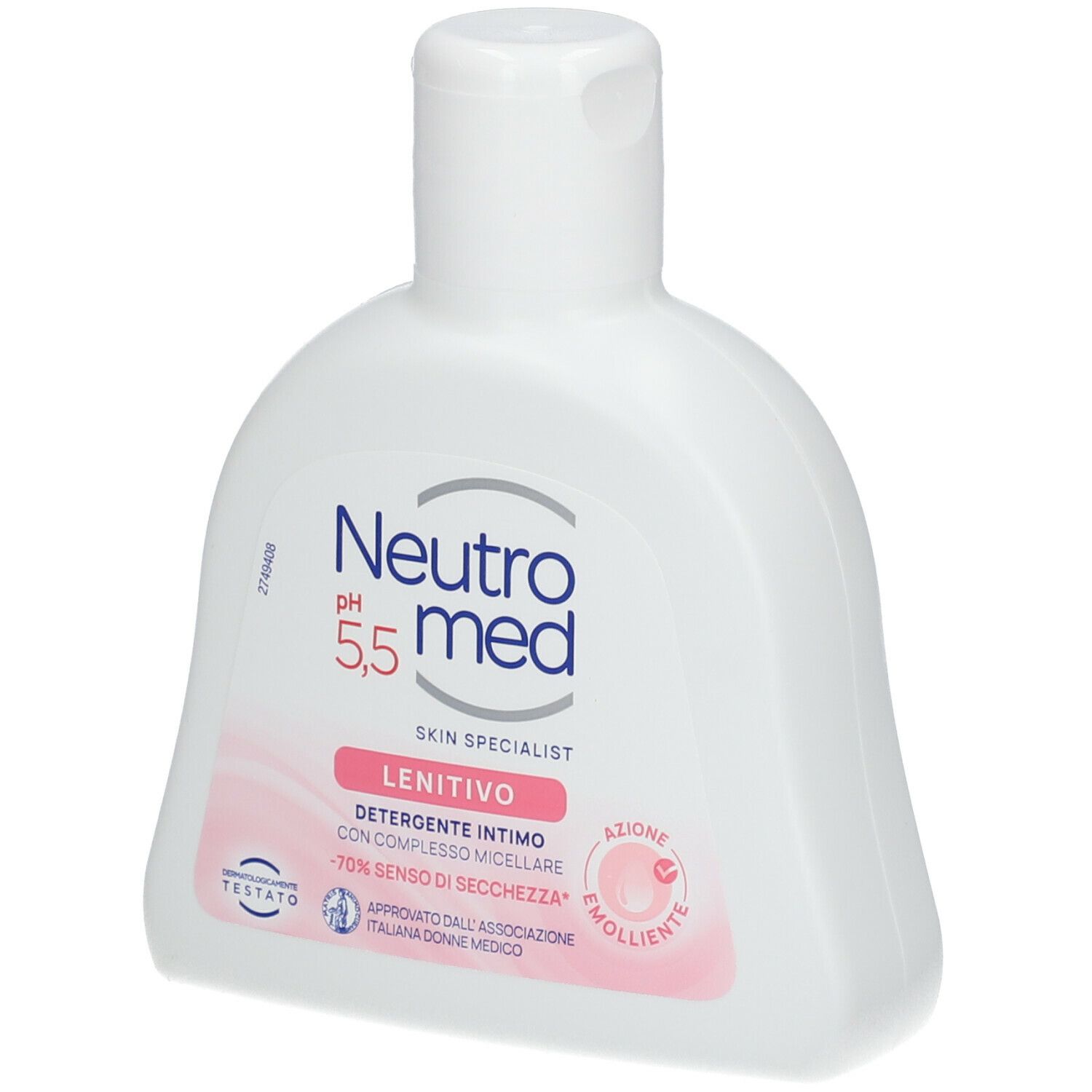 Neutromed Lenitivo, detergente intimo, flacone bianco. pH 5,5. Etichetta rosa.