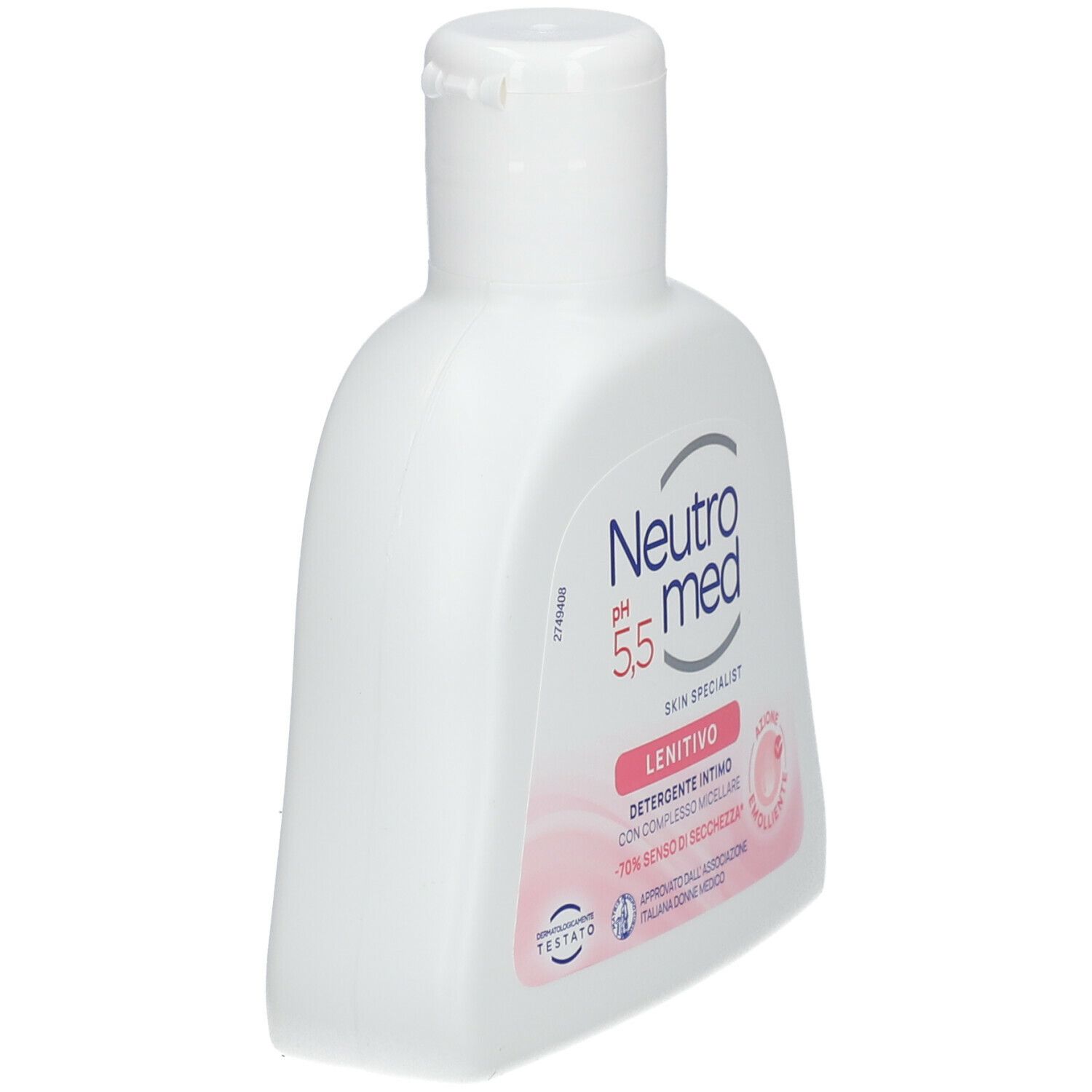 Neutromed Lenitivo, detergente intimo, flacone bianco. pH 5,5. Etichetta rosa.