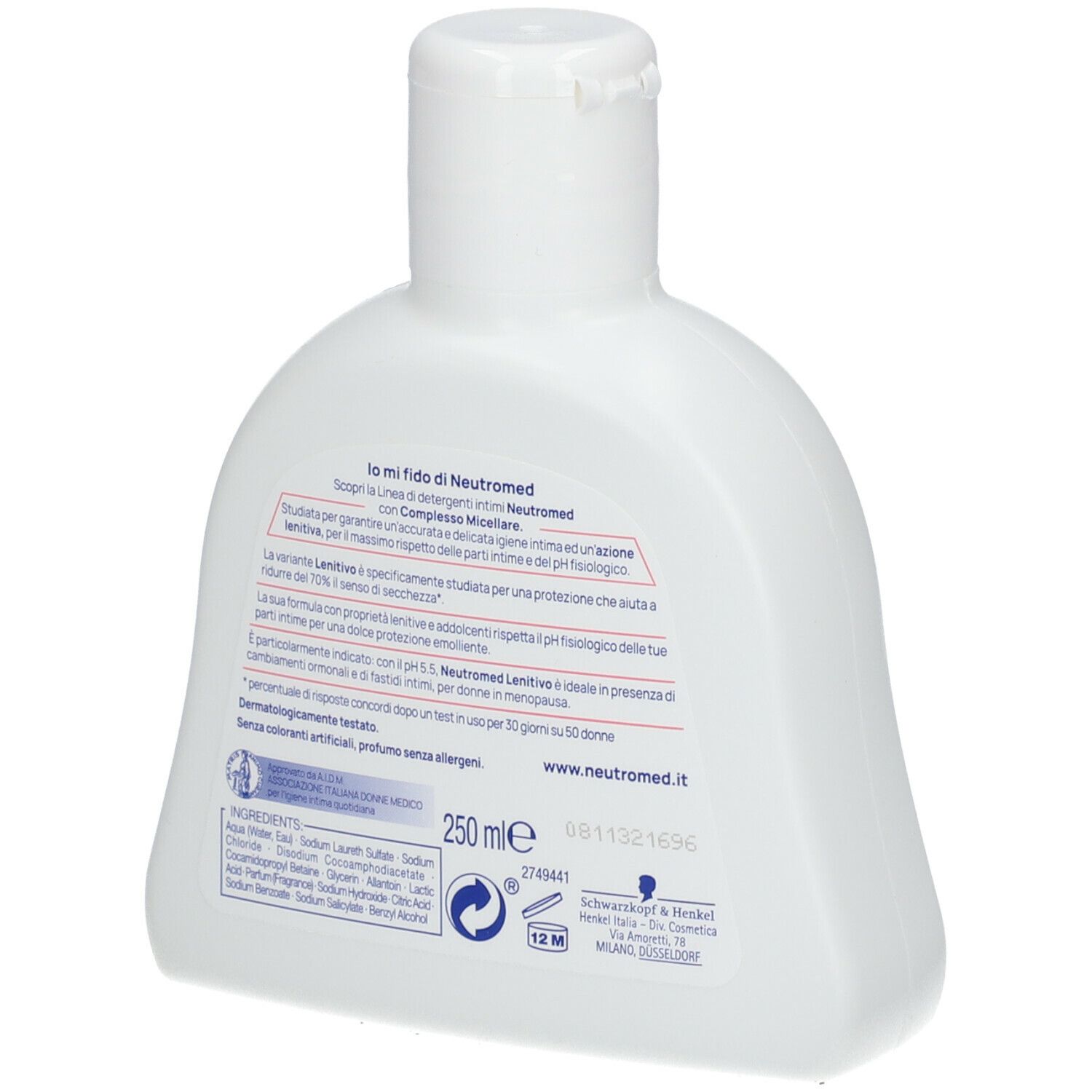 Neutromed Lenitivo, detergente intimo, flacone bianco. pH 5,5. Retro con testo.