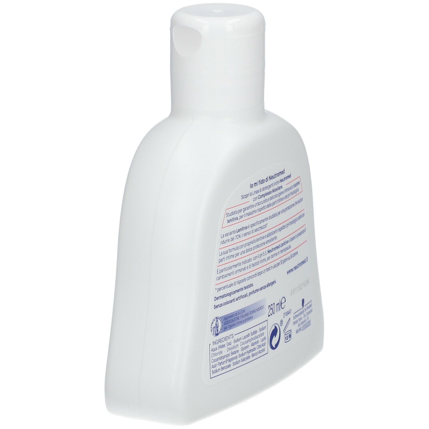 Neutromed Lenitivo, detergente intimo, flacone bianco. pH 5,5. Retro con testo.