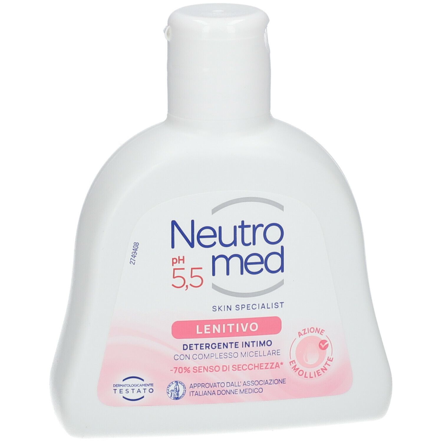 Neutromed Lenitivo, detergente intimo, flacone bianco. pH 5,5. Etichetta rosa.