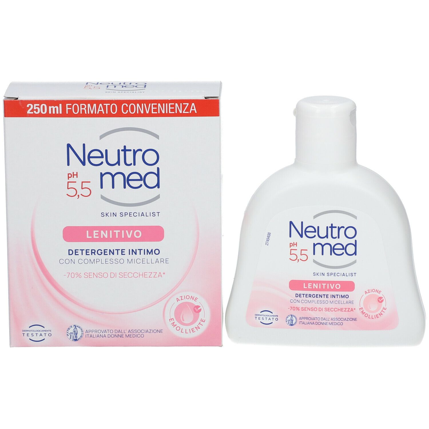 Neutromed Lenitivo, detergente intimo, flacone e confezione. pH 5,5. Etichetta rosa.