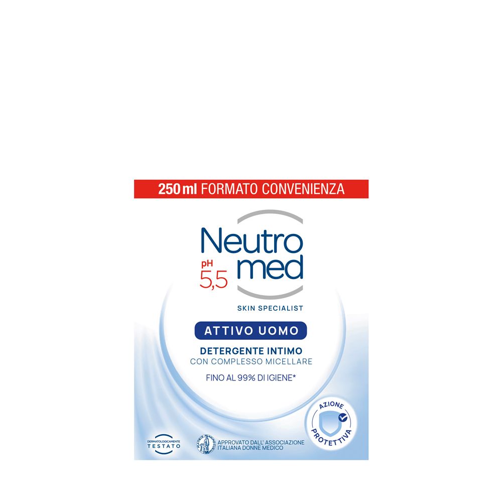 Prodotto bianco con testo blu. Testo: Neutromed pH 5,5, Attivo Uomo. Confezione con fascia rossa e testo.