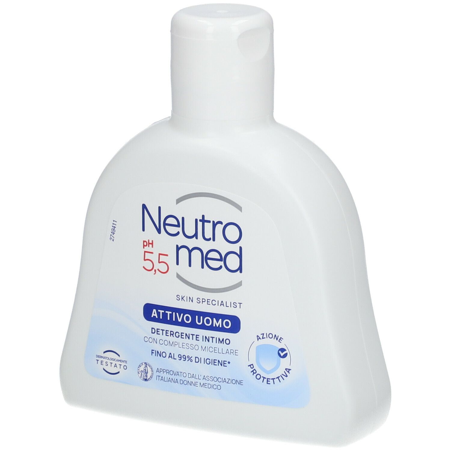 Flacone bianco con tappo a ribalta. Testo: Neutromed pH 5,5, Attivo Uomo. Stampa blu. Segno di protezione.