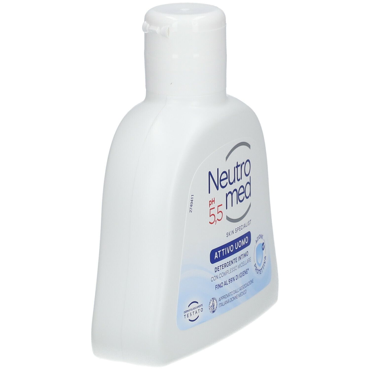 Flacone bianco con tappo a ribalta. Testo: Neutromed pH 5,5, Attivo Uomo. Stampa blu. Segno di protezione.