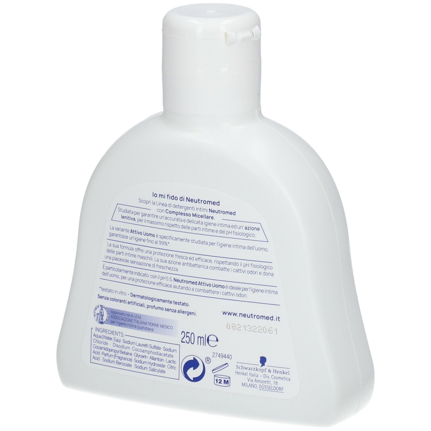 Flacone bianco con tappo a ribalta. Retro con testo. Testo: Neutromed, 250 ml, ingredienti, certificazioni.