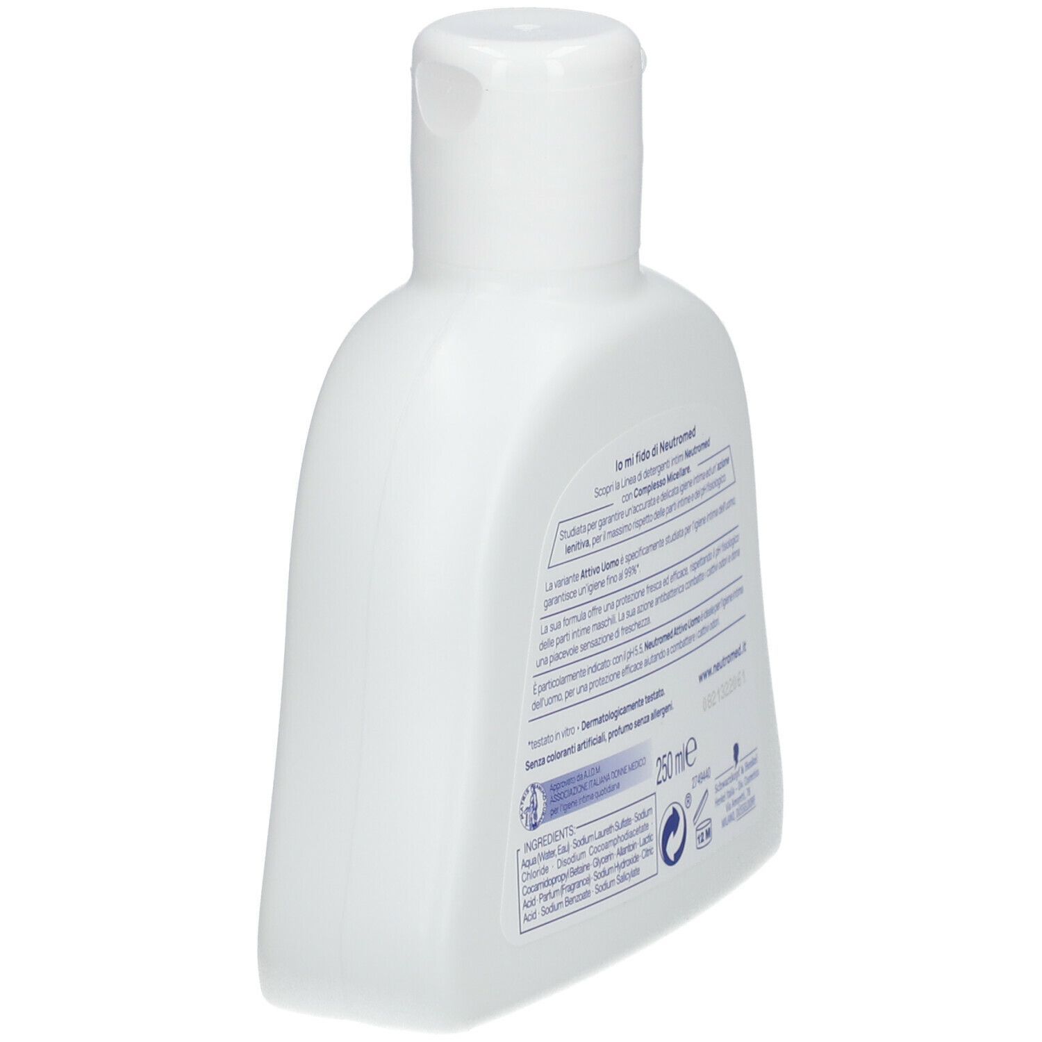 Flacone bianco con tappo a ribalta. Retro con testo. Testo: Neutromed, 250 ml, ingredienti, certificazioni.