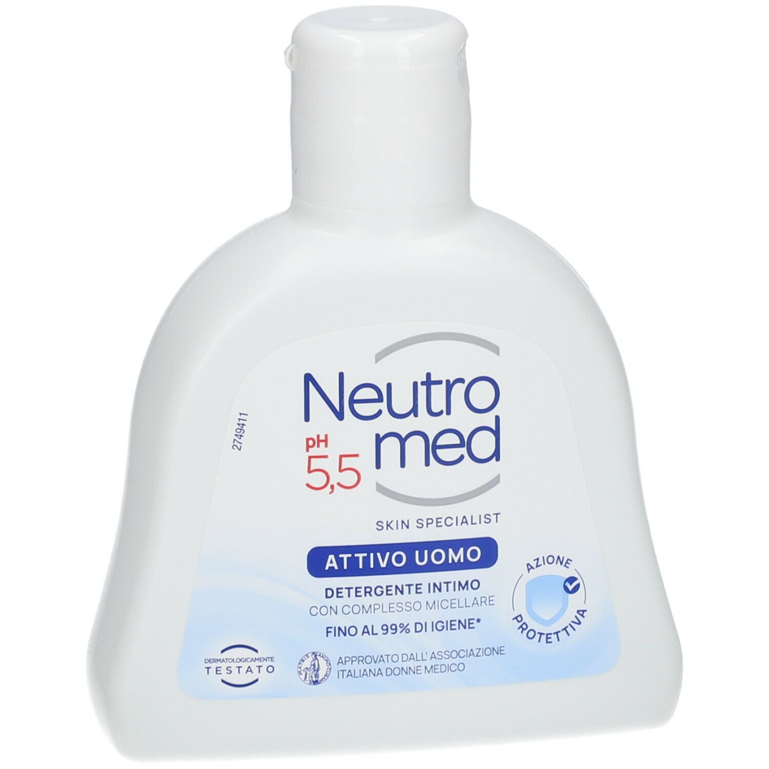 Flacone bianco con tappo a ribalta. Testo: Neutromed pH 5,5, Attivo Uomo. Stampa blu. Segno di protezione.