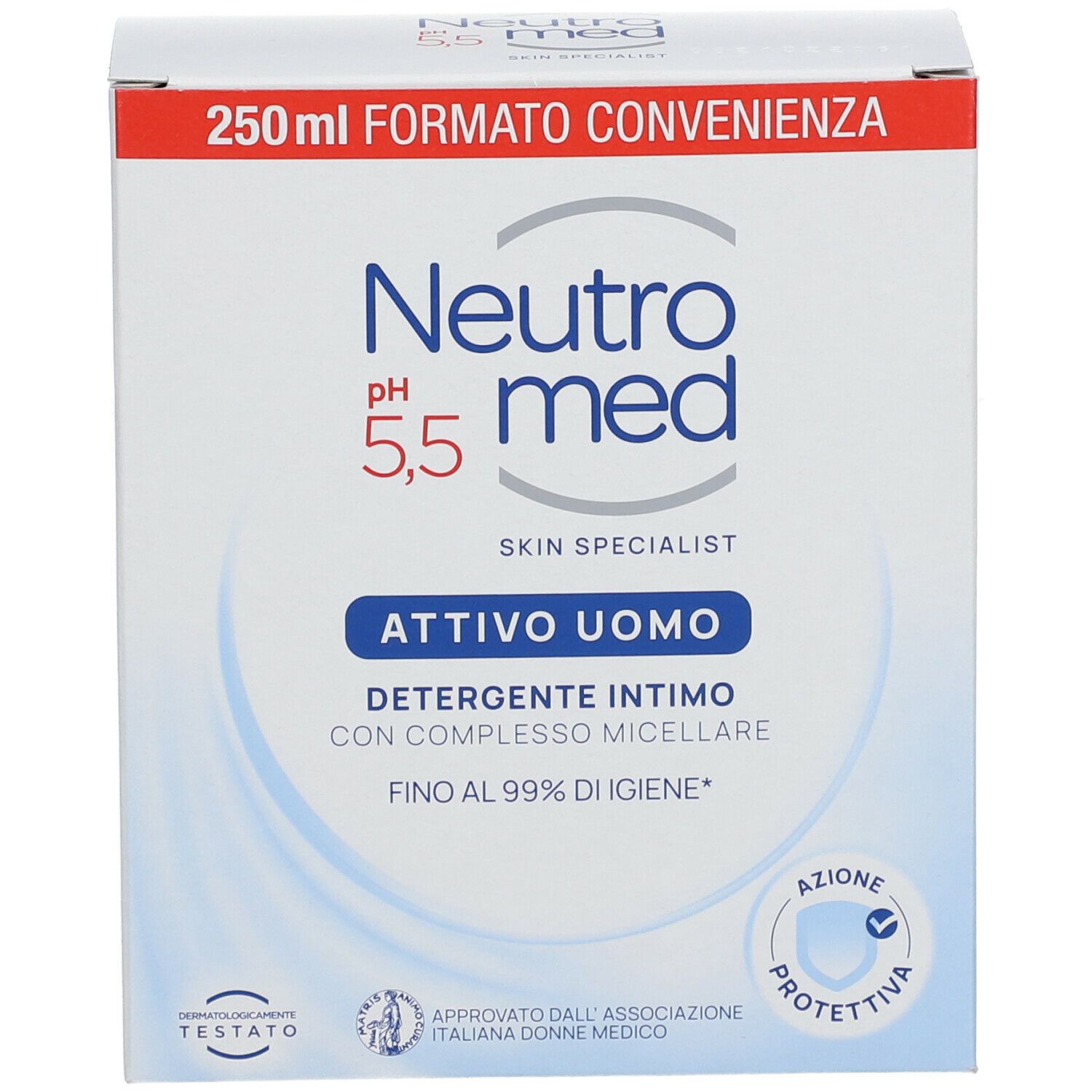 Confezione in cartone. Testo: Neutromed pH 5,5, Attivo Uomo. Fascia rossa. Segno di protezione.
