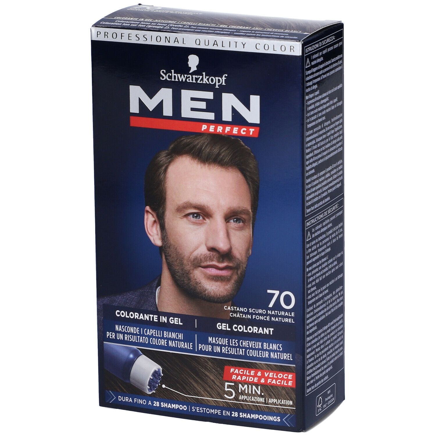 Schwarzkopf Men Perfect 70. Gel colorante. Confezione con immagine del prodotto e uomo. Vista angolata.