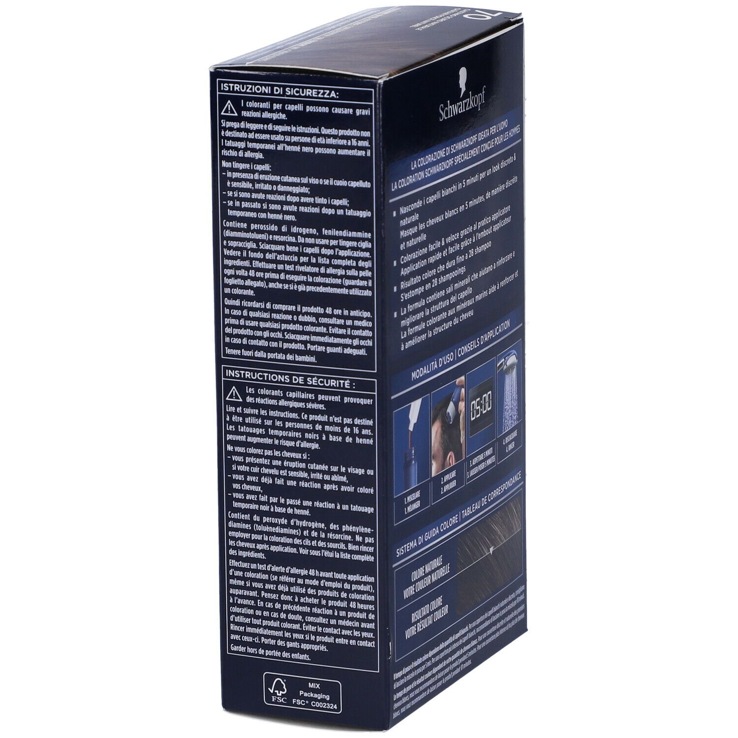 Schwarzkopf Men Perfect 70. Confezione con istruzioni di sicurezza e per l'uso. Vista posteriore.