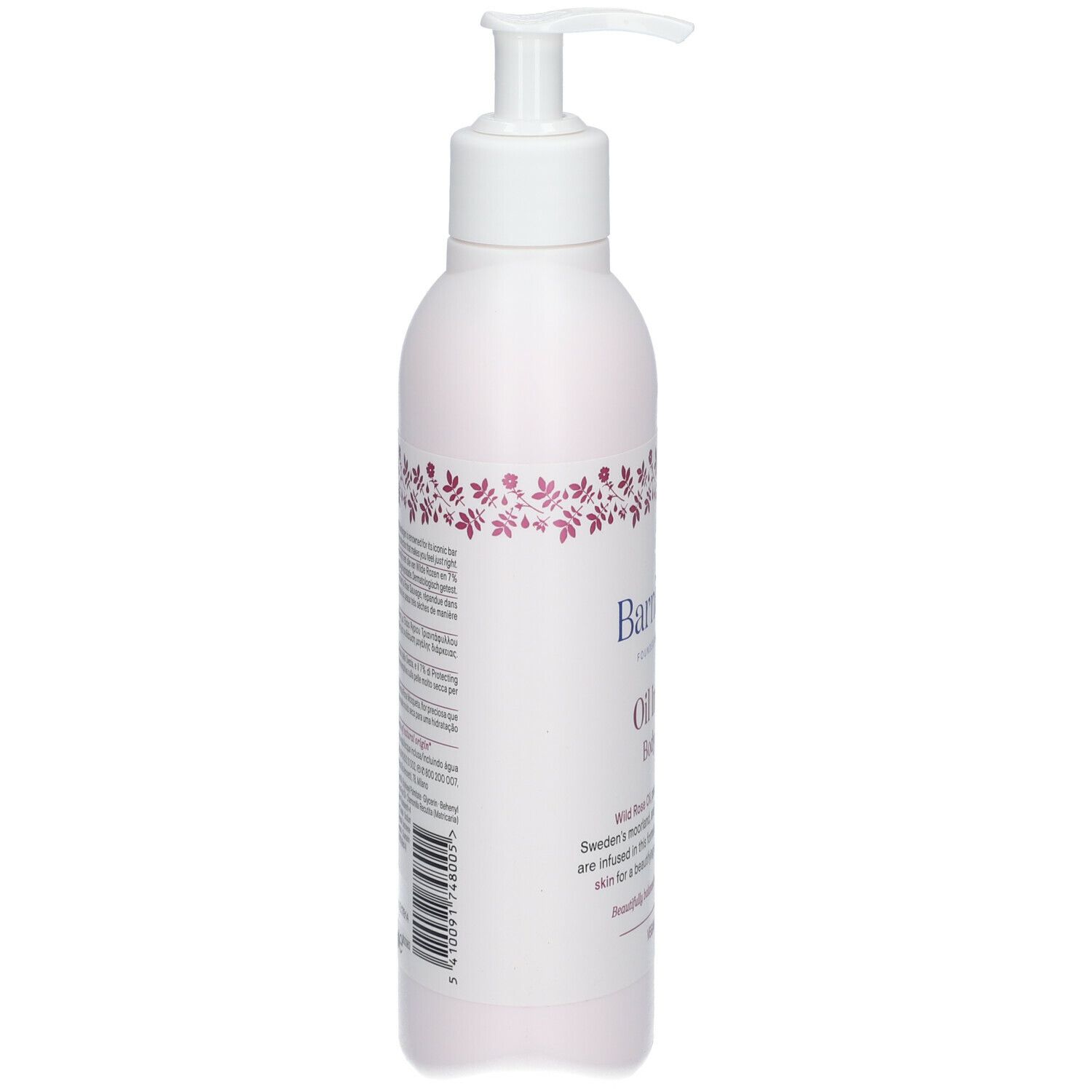 Flacone con dosatore, vista laterale. Testo: Barnängen Oil Intense Body Lotion. Vegan. 400ml.