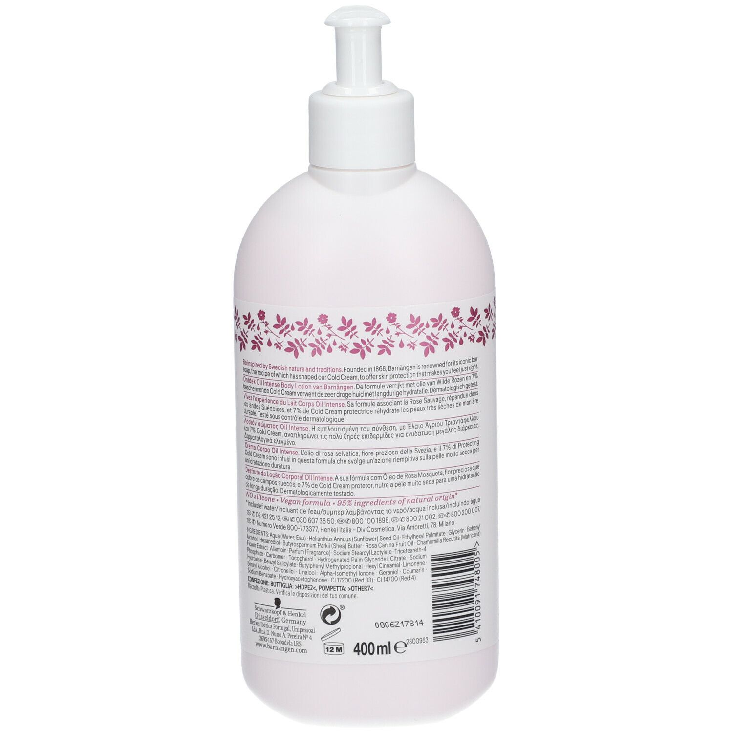 Retro del flacone con dosatore. Testo: Barnängen Oil Intense Body Lotion. Vegan. 400ml.