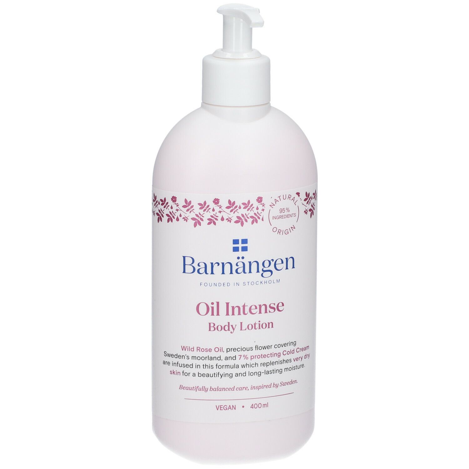 Flacone bianco con dosatore. Scritta: Barnängen Oil Intense Body Lotion. Vegan. 400ml.