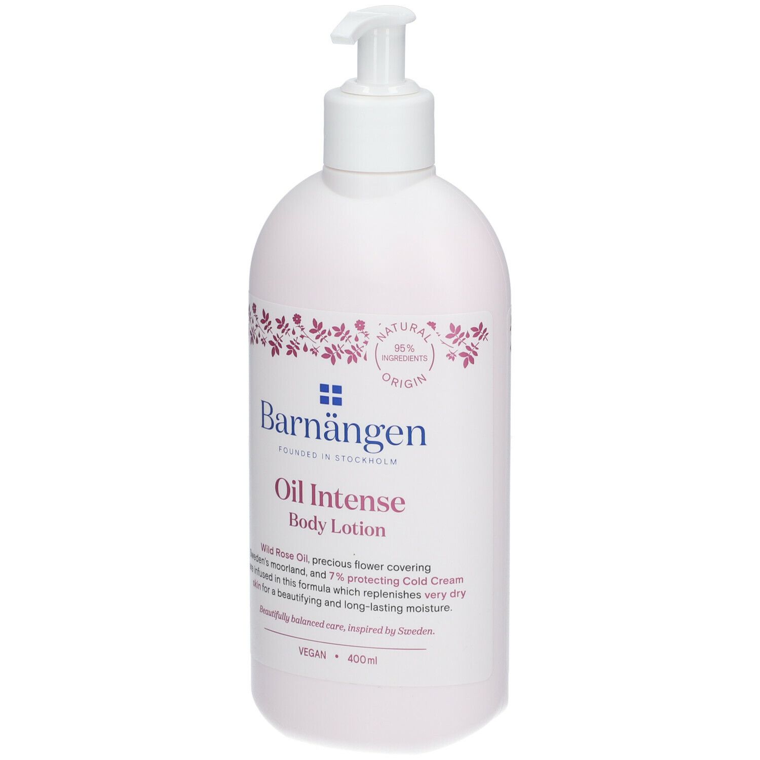 Flacone bianco con dosatore. Scritta: Barnängen Oil Intense Body Lotion. Vegan. 400ml.