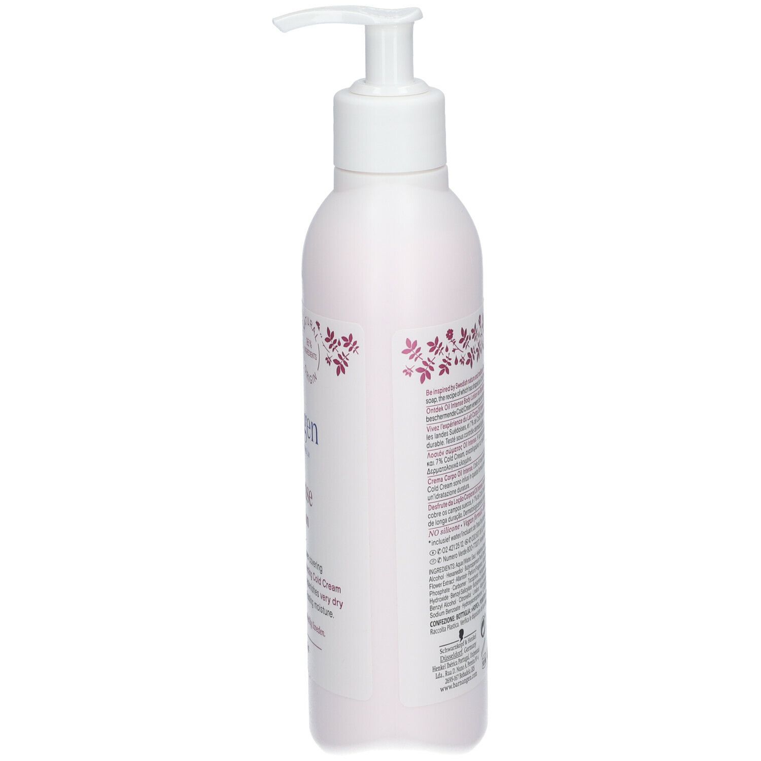 Flacone con dosatore, vista laterale. Testo: Barnängen Oil Intense Body Lotion. Vegan. 400ml.